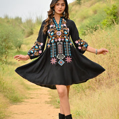 Black Colorful Embroidered Mini Dress