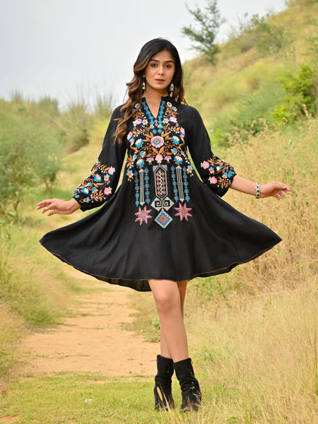 Black Colorful Embroidered Mini Dress