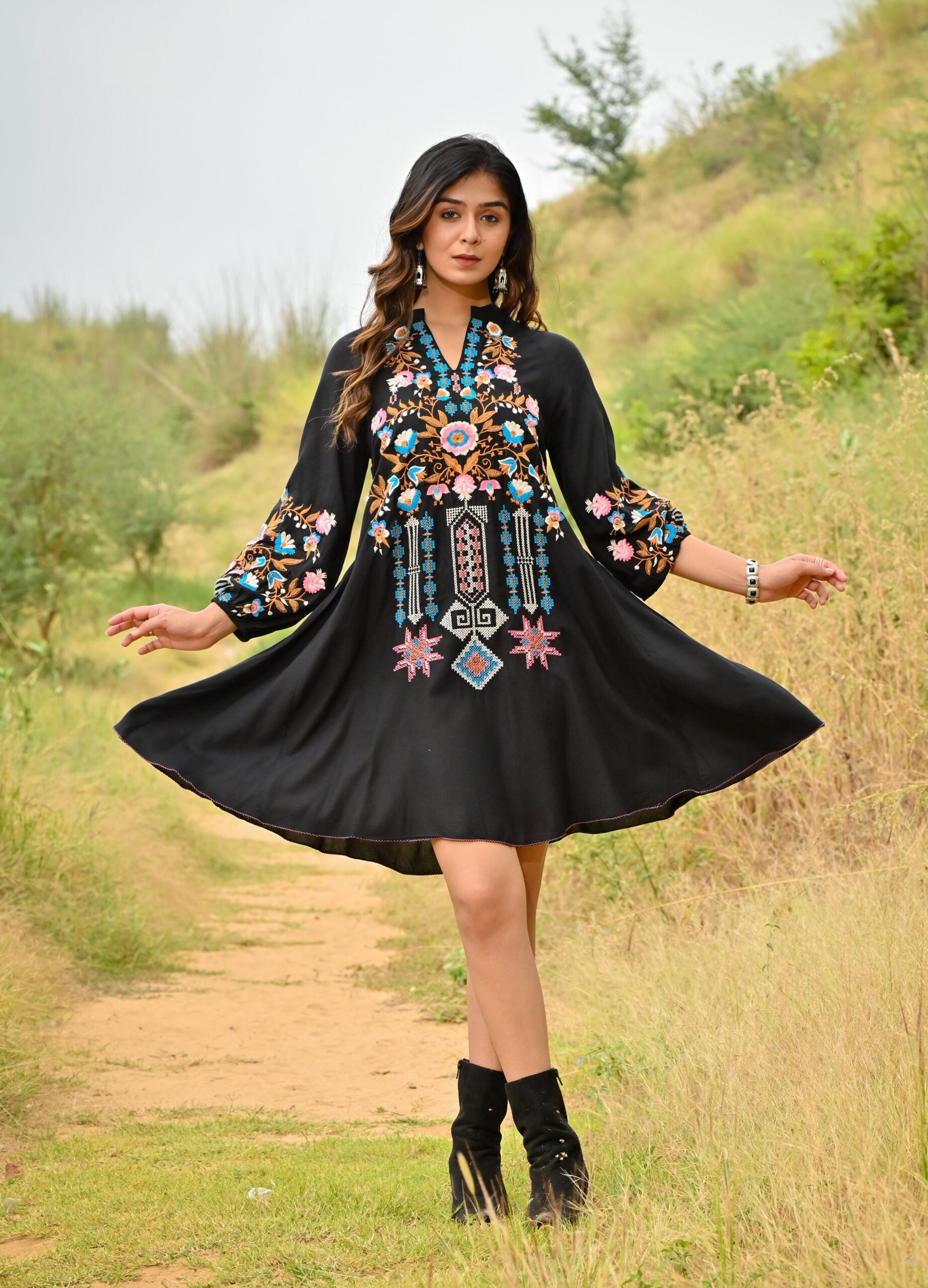 Black Colorful Embroidered Mini Dress