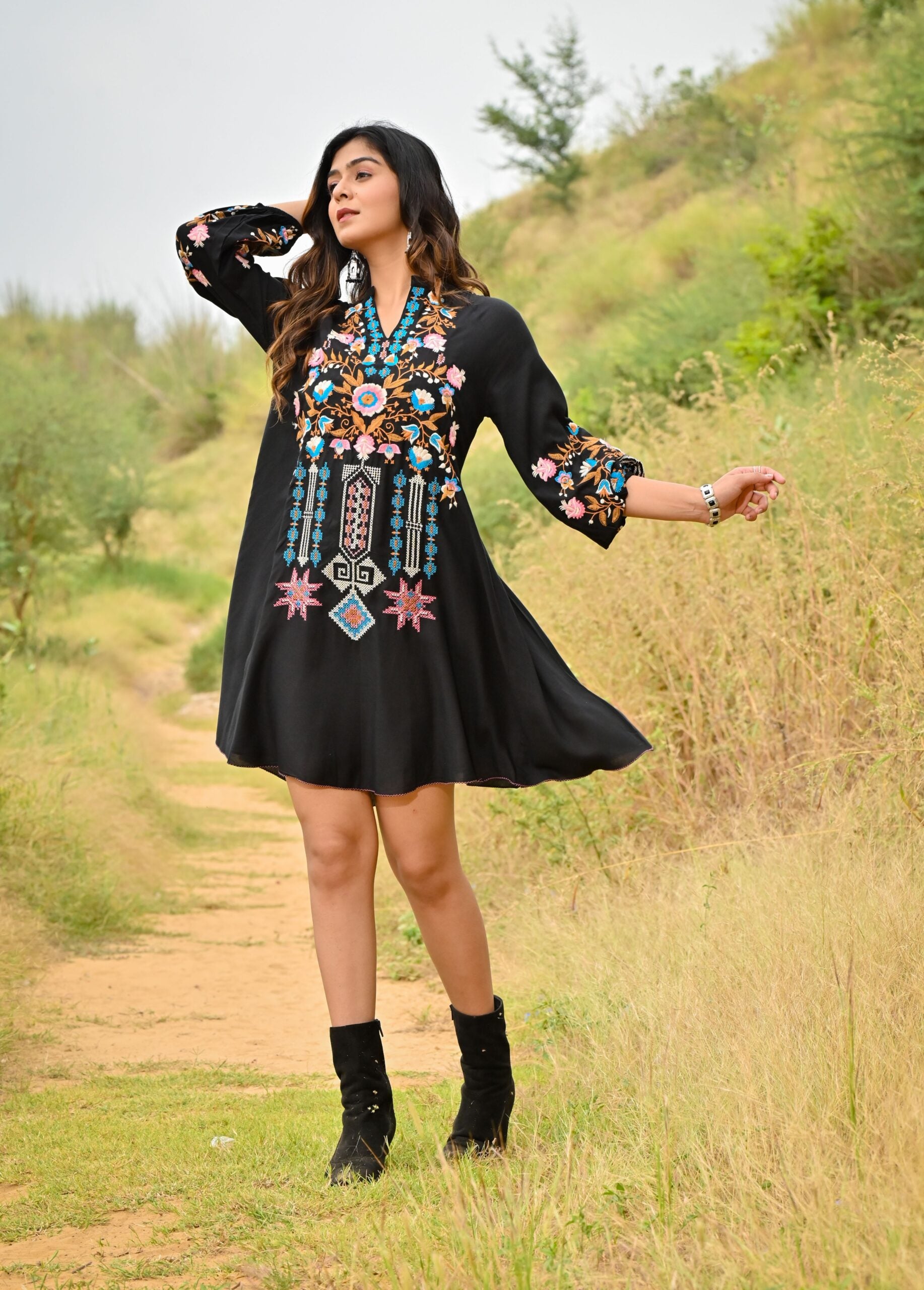 Black Colorful Embroidered Mini Dress