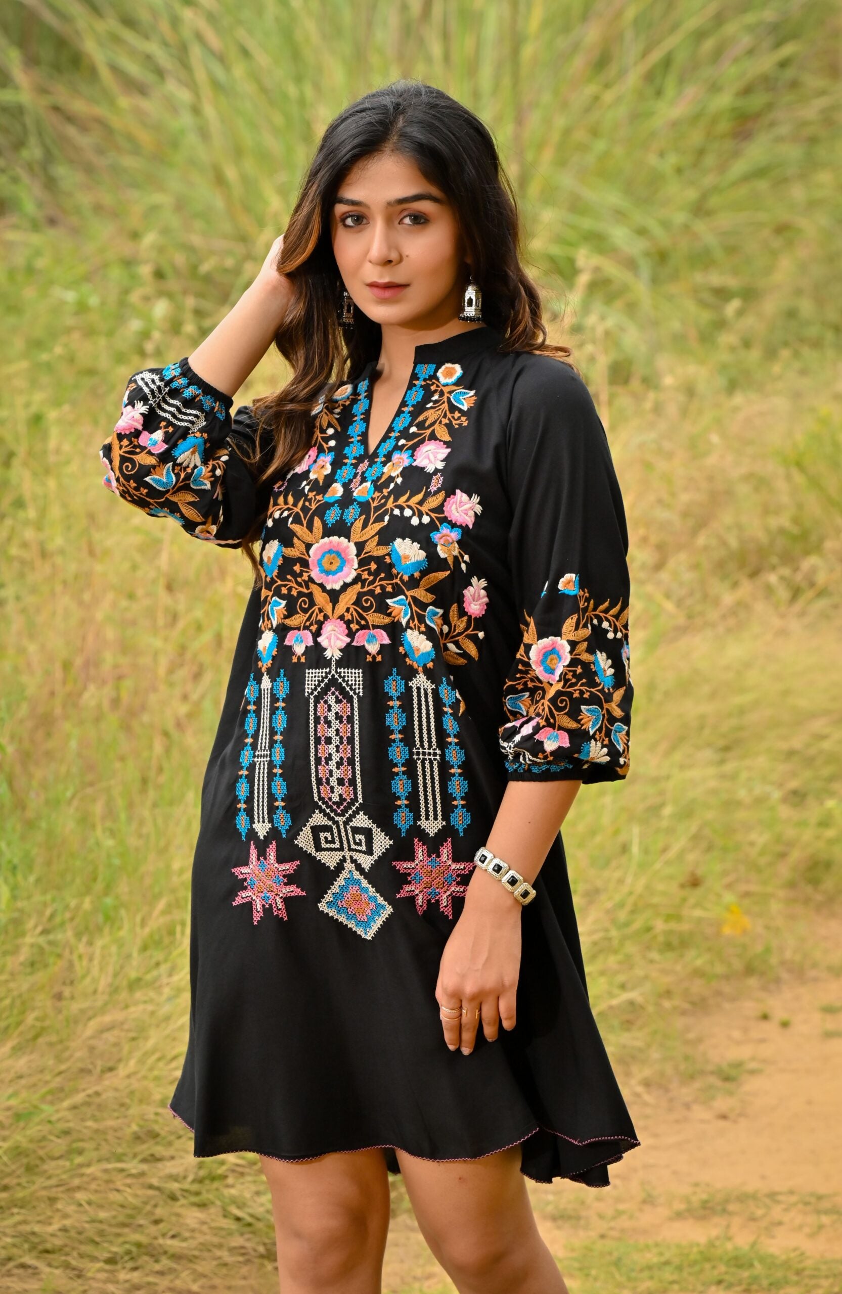 Black Colorful Embroidered Mini Dress