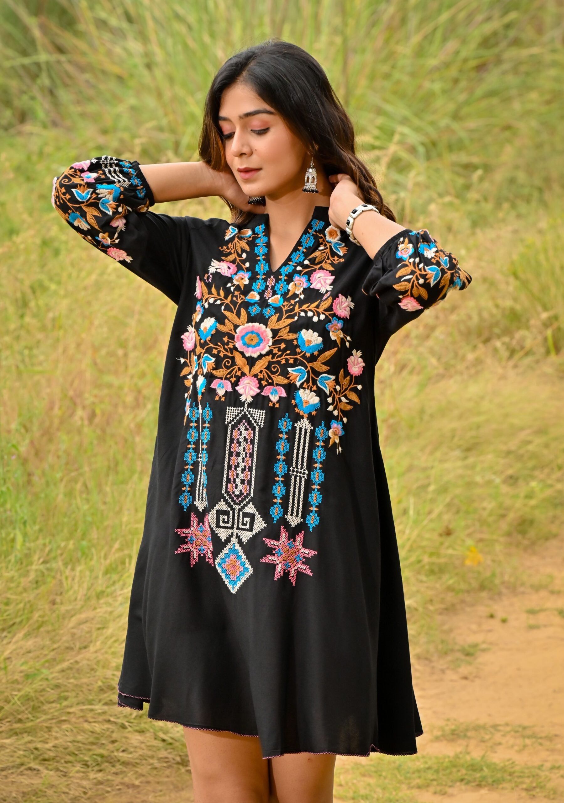 Black Colorful Embroidered Mini Dress