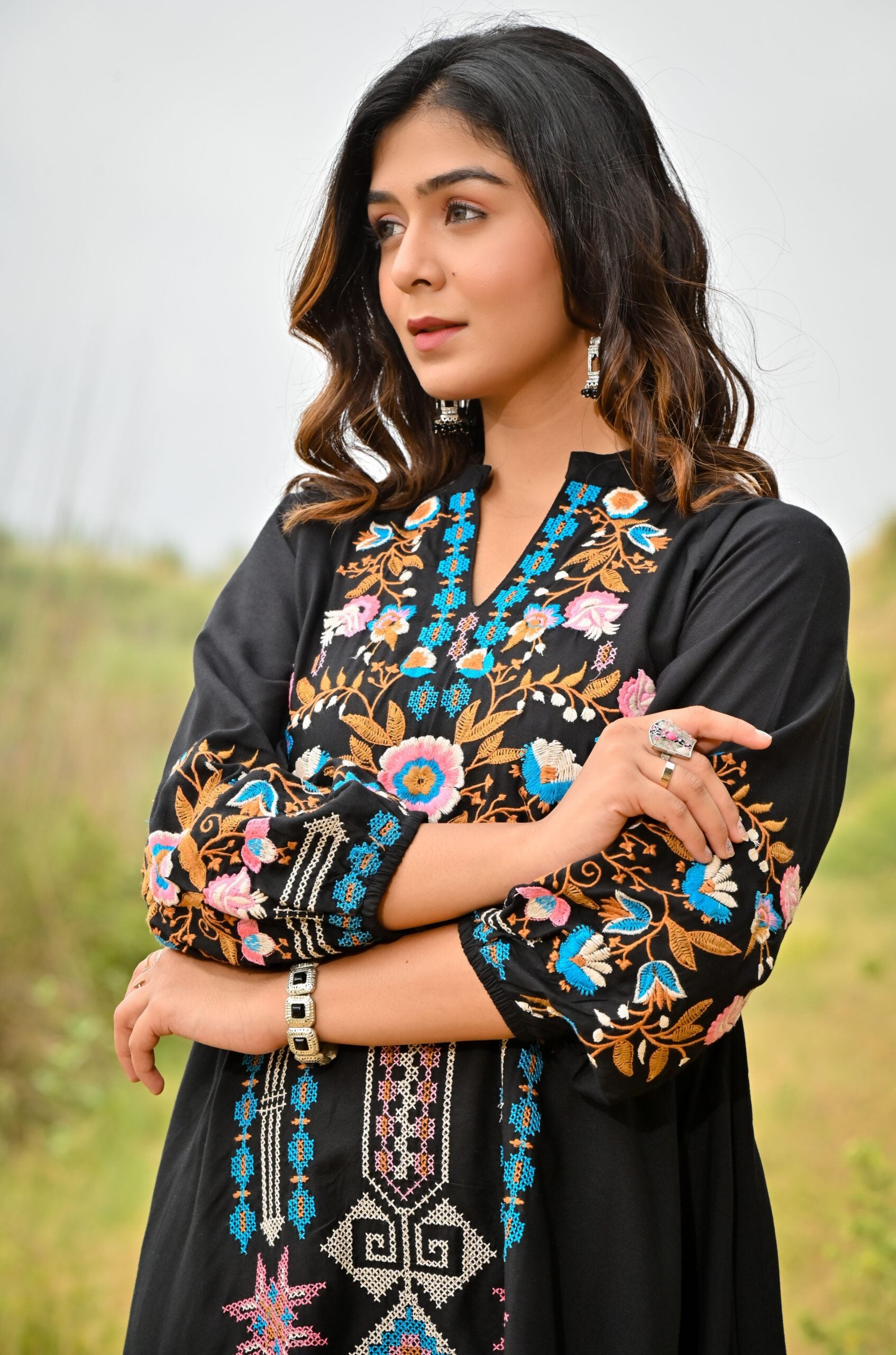 Black Colorful Embroidered Mini Dress