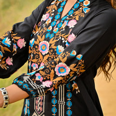 Black Colorful Embroidered Mini Dress