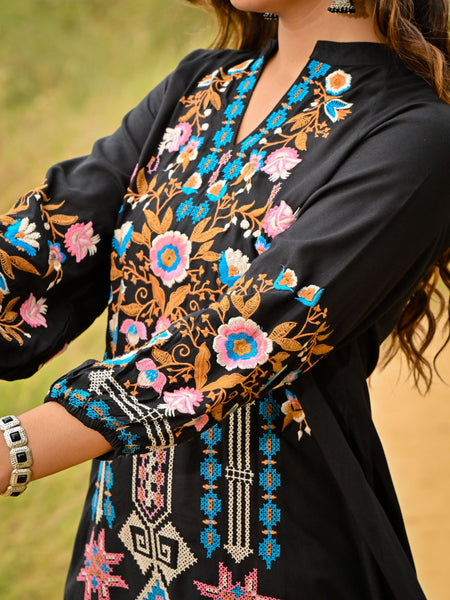 Black Colorful Embroidered Mini Dress