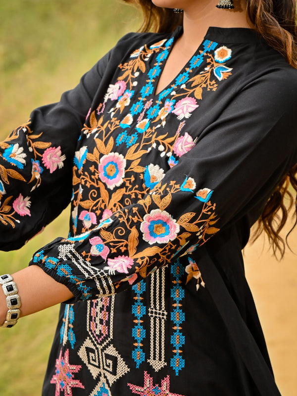 Black Colorful Embroidered Mini Dress