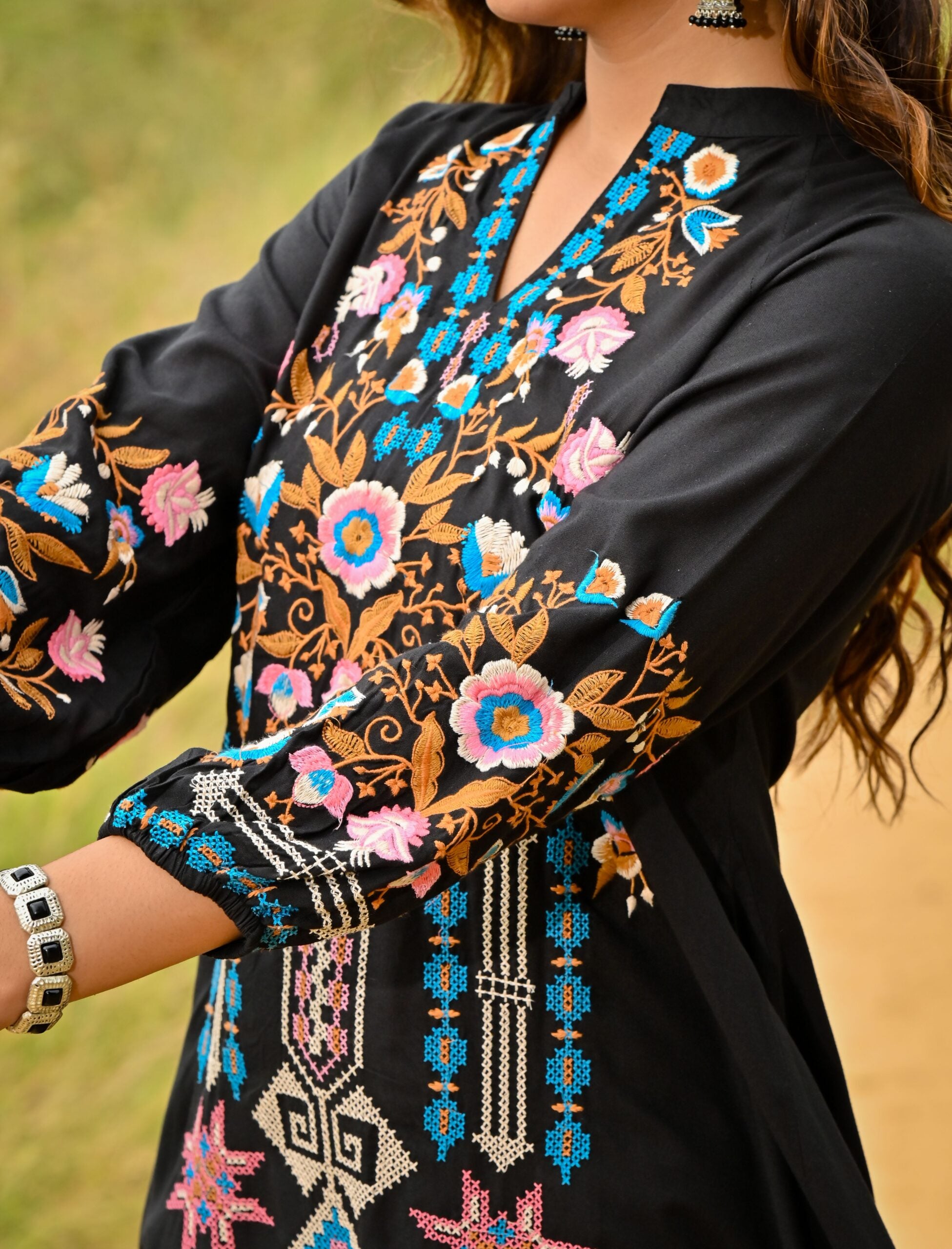 Black Colorful Embroidered Mini Dress