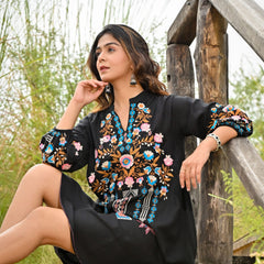 Black Colorful Embroidered Mini Dress