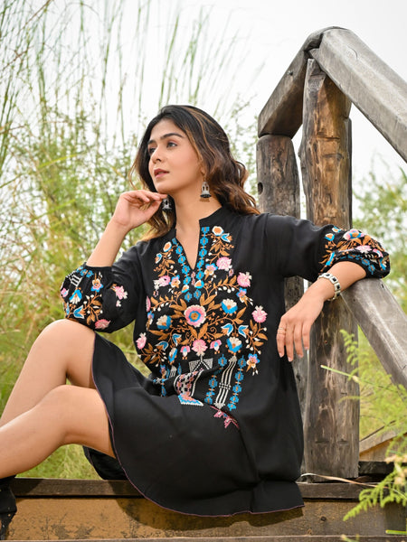 Black Colorful Embroidered Mini Dress