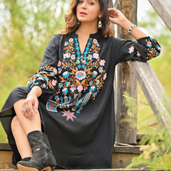 Black Colorful Embroidered Mini Dress