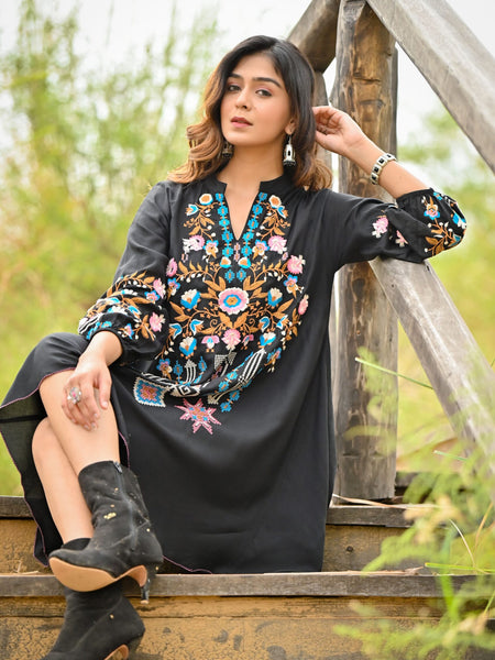 Black Colorful Embroidered Mini Dress