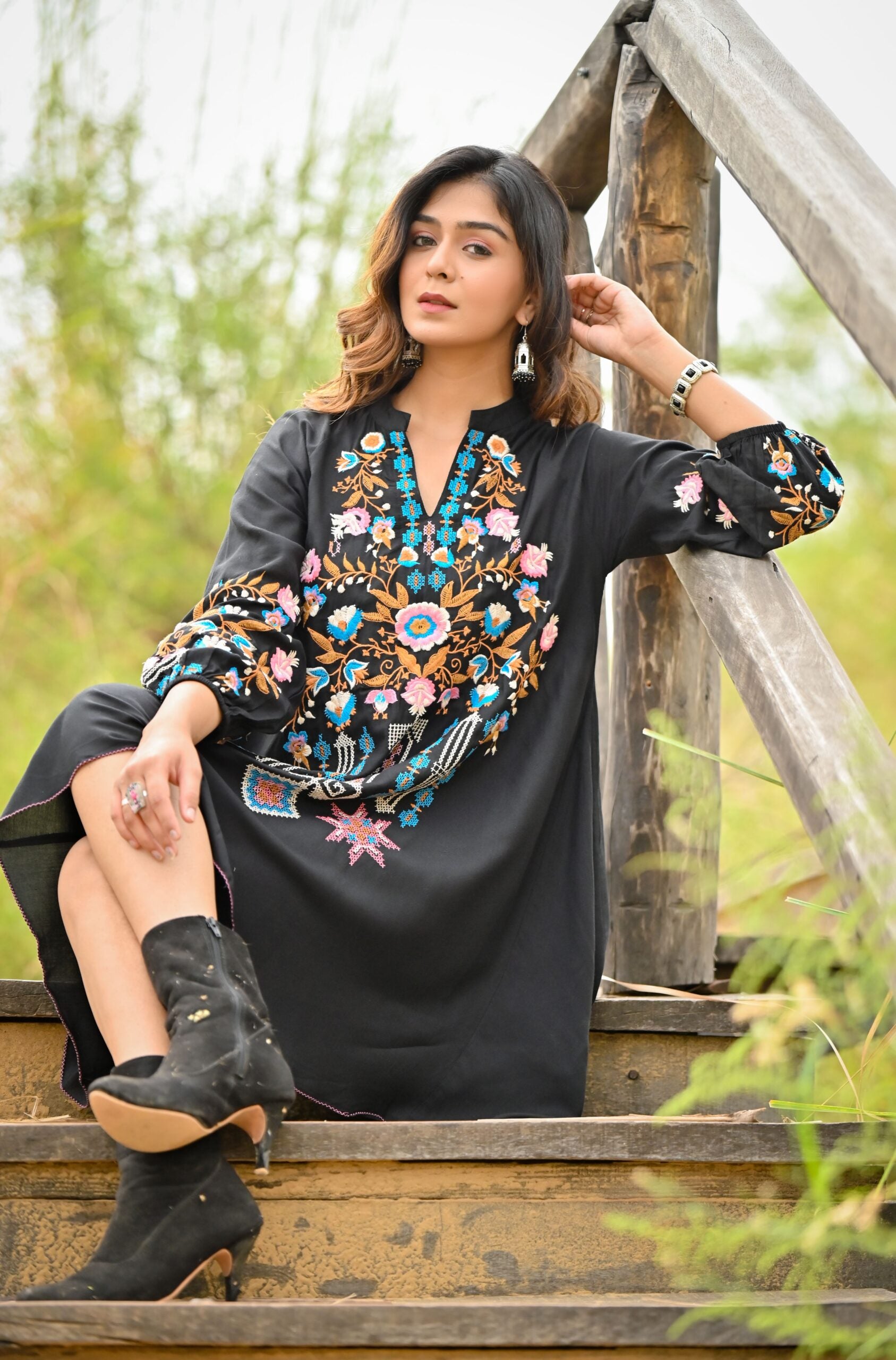 Black Colorful Embroidered Mini Dress