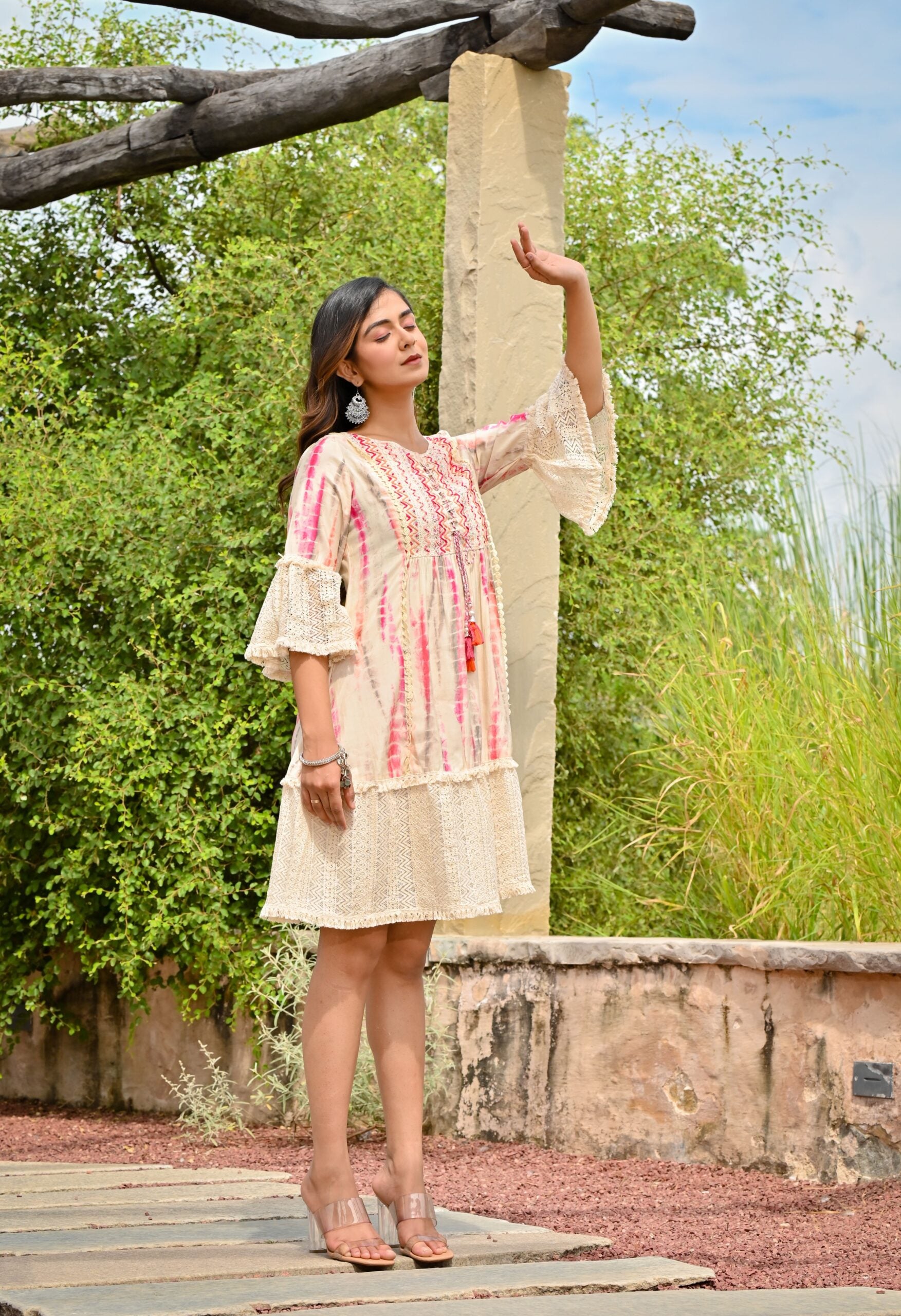 Beige Pink Tie And Dye Mini Dress