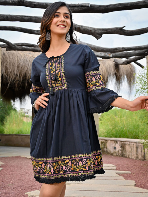 Flared Black Cotton Dress