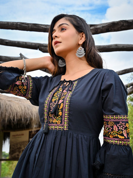 Flared Black Cotton Dress