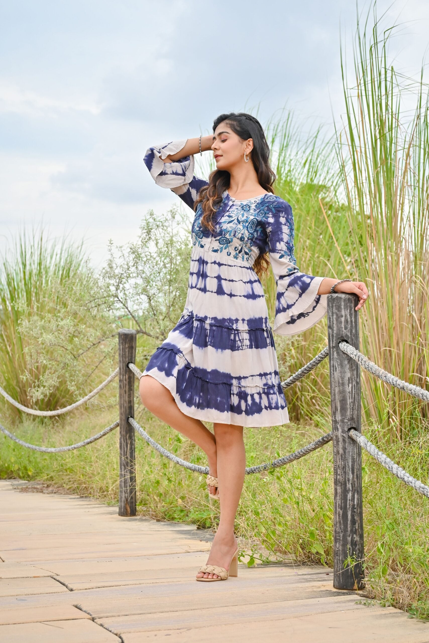 White Blue Tie and dye Midi Dress