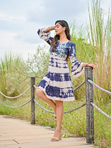 White Blue Tie and dye Midi Dress