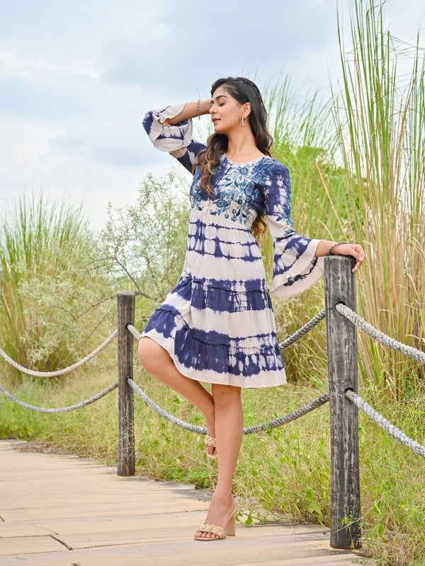 White Blue Tie and dye Midi Dress