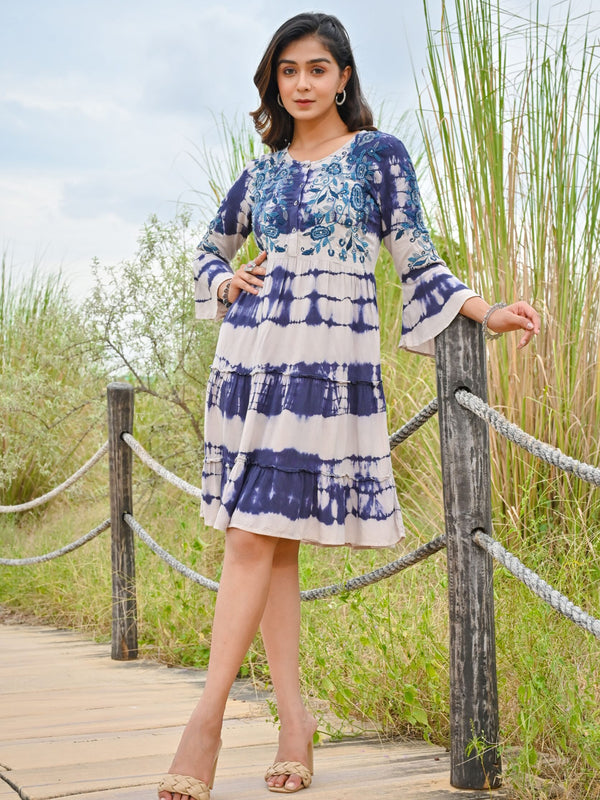 White Blue Tie and dye Midi Dress