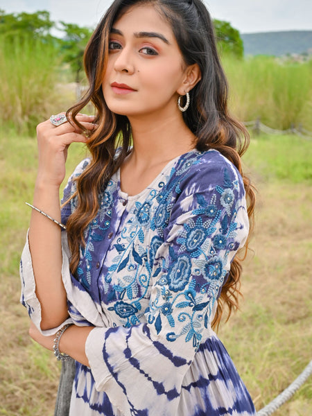 White Blue Tie and dye Midi Dress