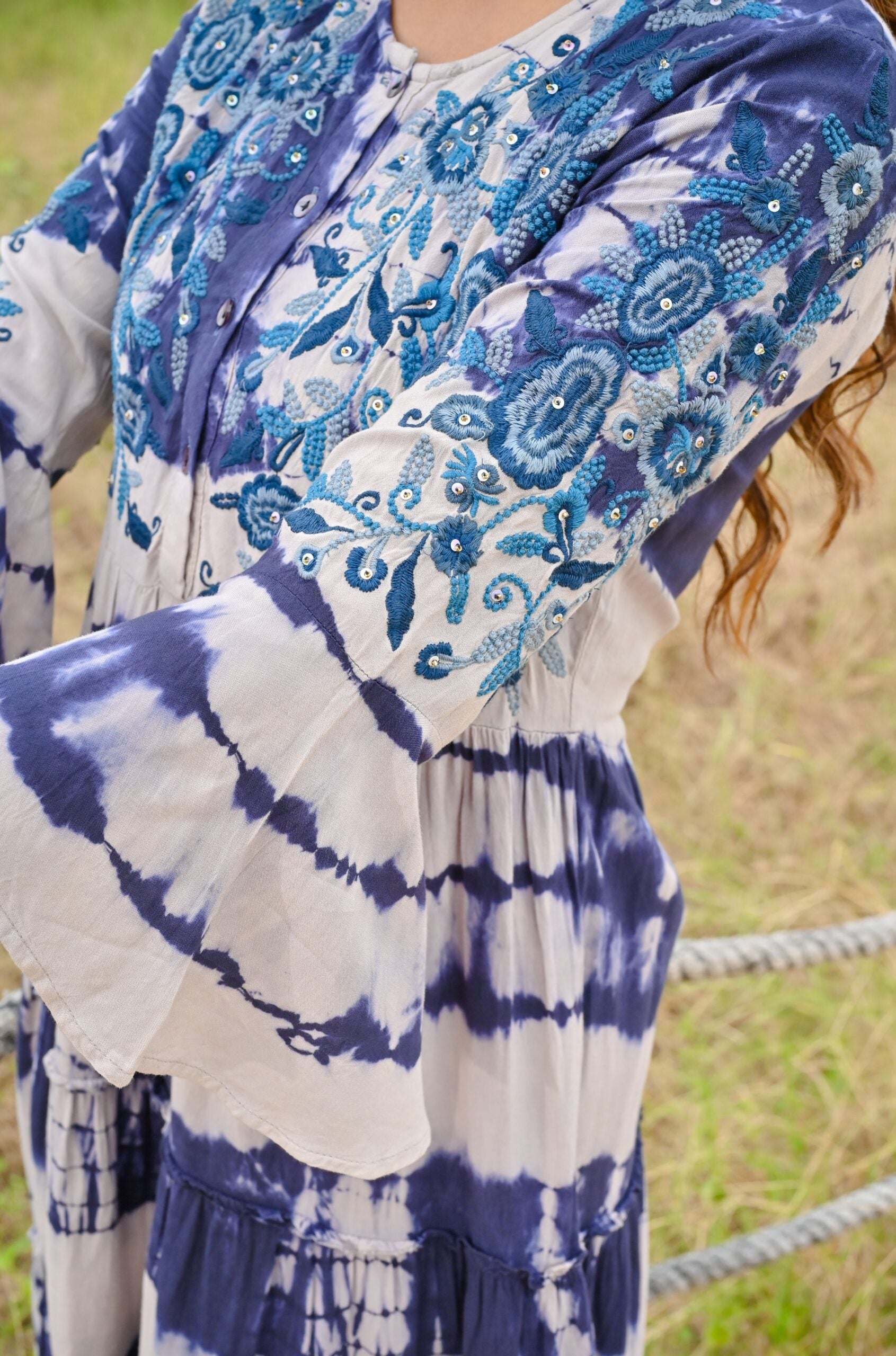 White Blue Tie and dye Midi Dress