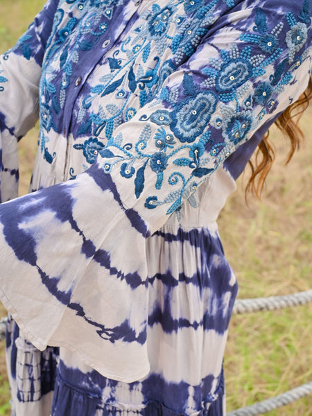White Blue Tie and dye Midi Dress
