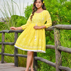 Yellow  Embroidered Midi Dress