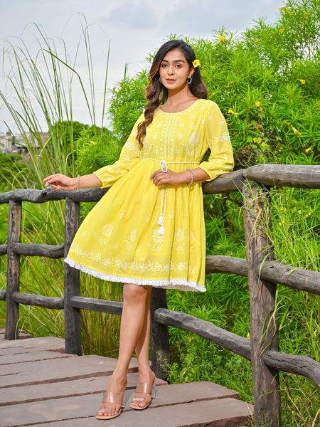 Yellow  Embroidered Midi Dress