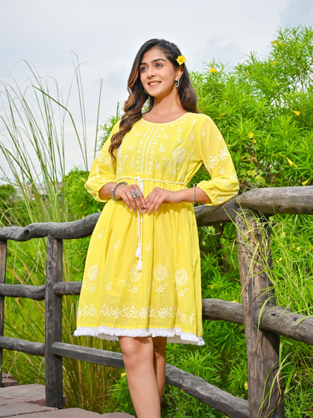 Yellow  Embroidered Midi Dress