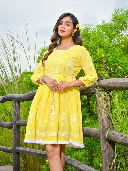Yellow  Embroidered Midi Dress