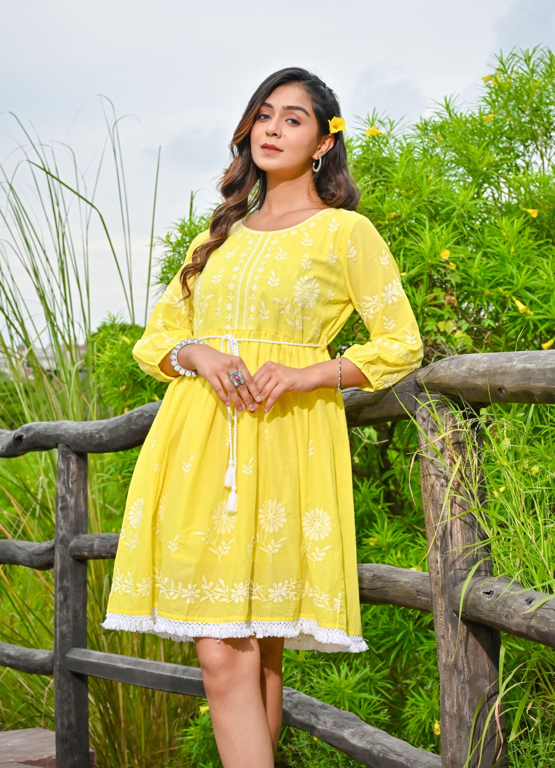 Yellow  Embroidered Midi Dress