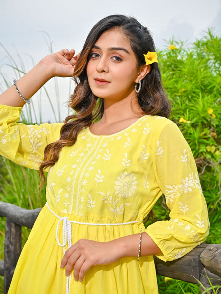 Yellow  Embroidered Midi Dress