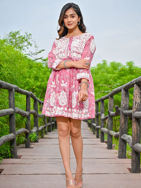 Pink Embroidered Mini Dress