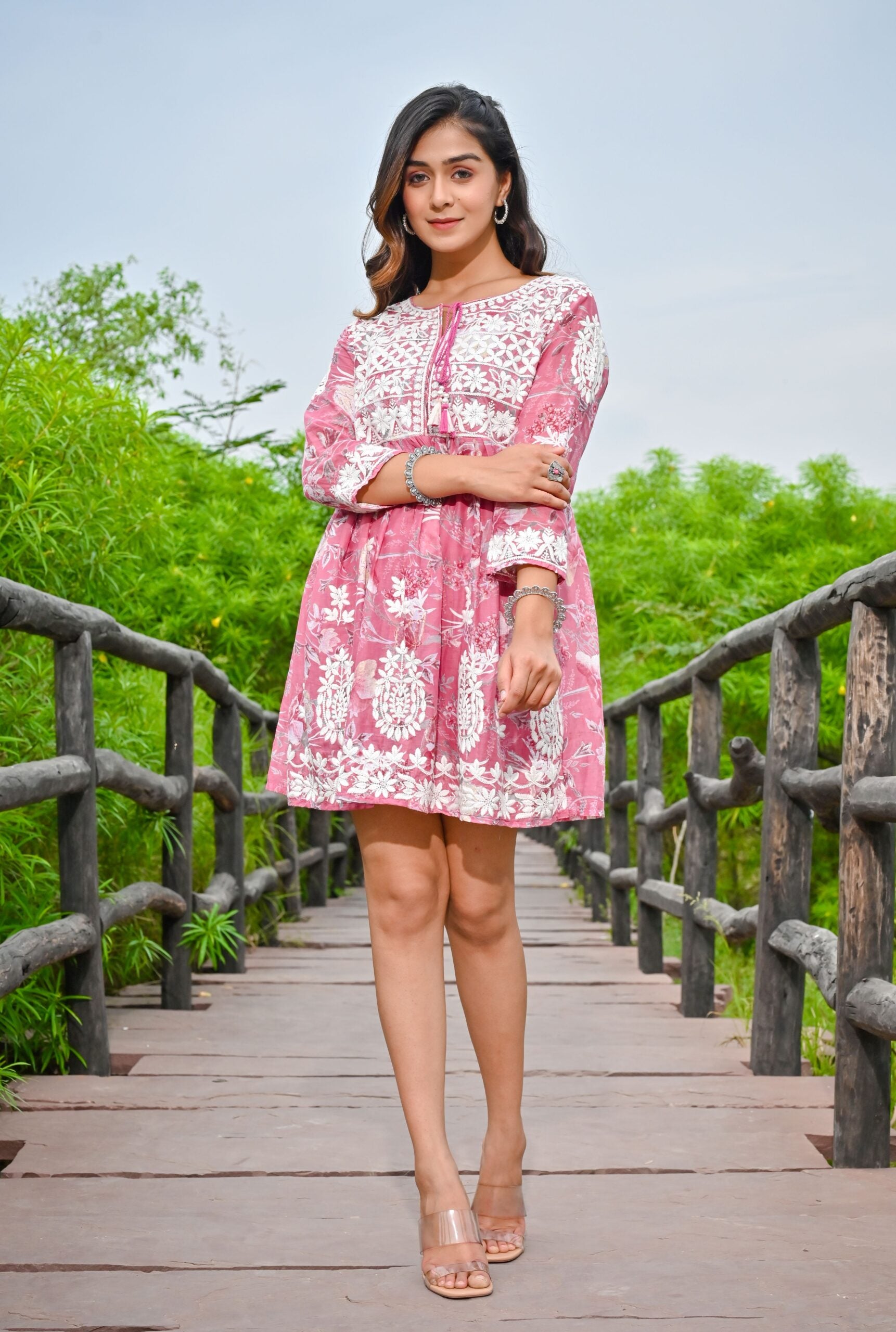 Pink Embroidered Mini Dress