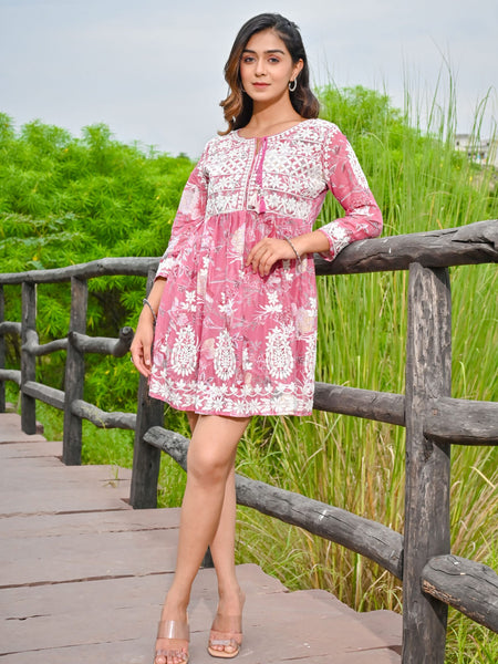 Pink Embroidered Mini Dress