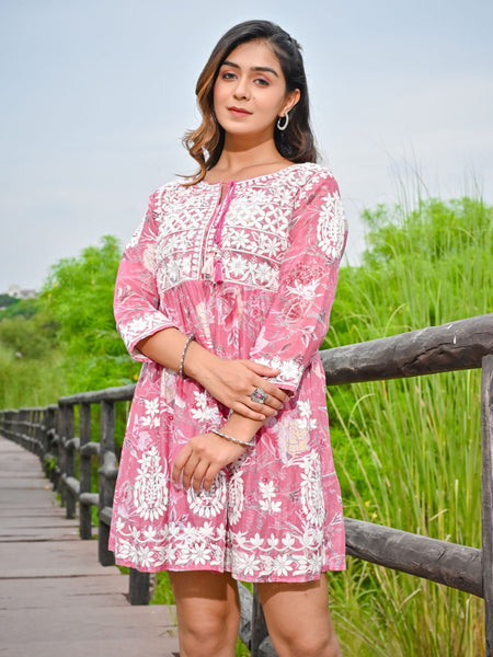 Pink Embroidered Mini Dress