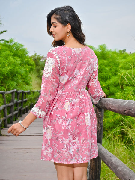 Pink Embroidered Mini Dress
