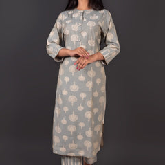 Grey Muslin Ethnic Motif Kurta Pant Set