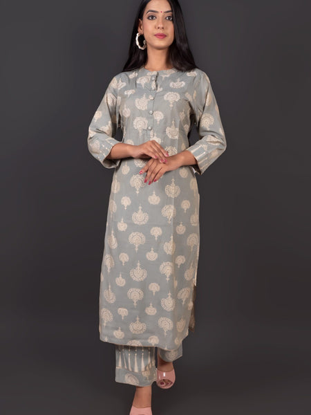 Grey Muslin Ethnic Motif Kurta Pant Set
