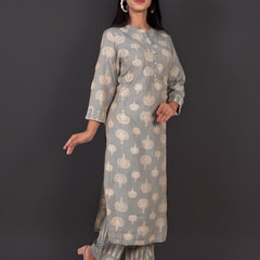 Grey Muslin Ethnic Motif Kurta Pant Set