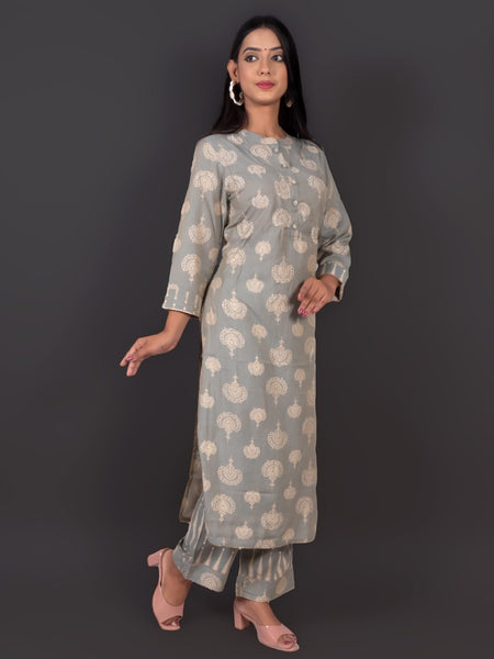 Grey Muslin Ethnic Motif Kurta Pant Set