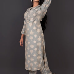 Grey Muslin Ethnic Motif Kurta Pant Set