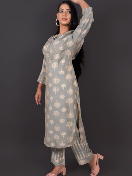 Grey Muslin Ethnic Motif Kurta Pant Set