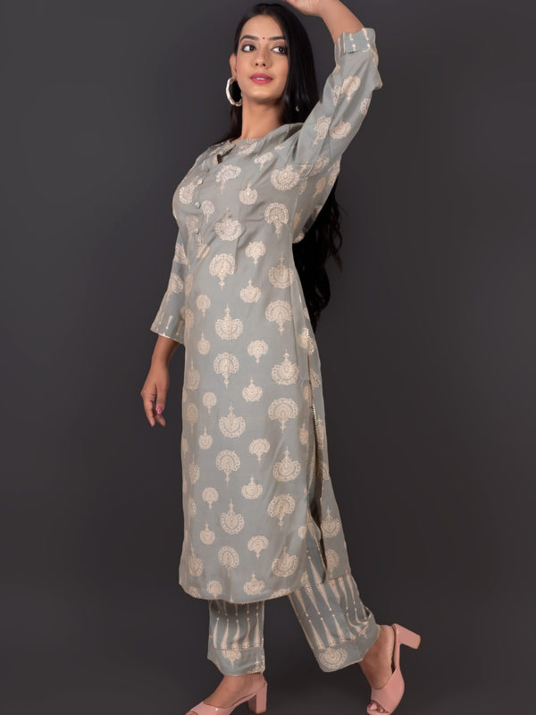 Grey Muslin Ethnic Motif Kurta Pant Set