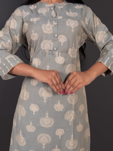 Grey Muslin Ethnic Motif Kurta Pant Set