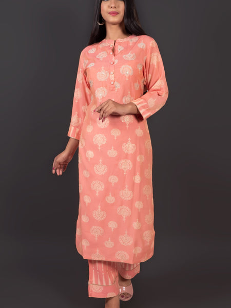 Coral Peach Muslin Kurta Set