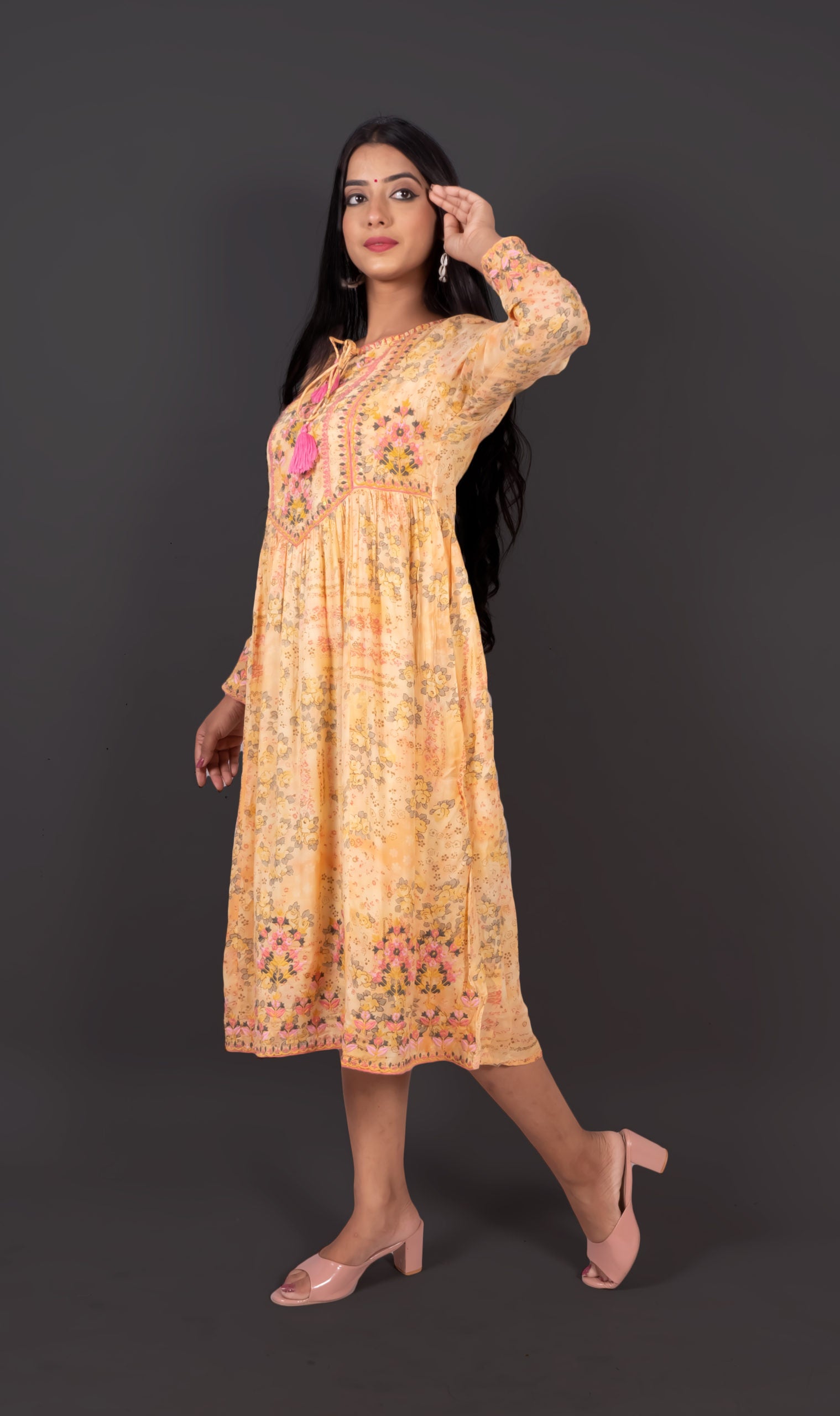 Yellow Printed Cotton Midi Dress