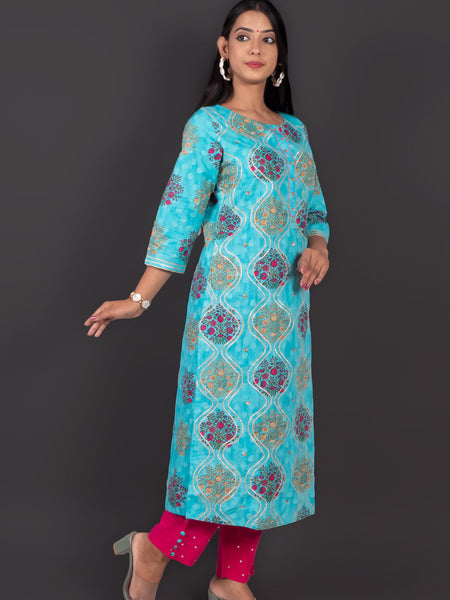 Skyblue Gotta Work Cotton Kurta With Pants