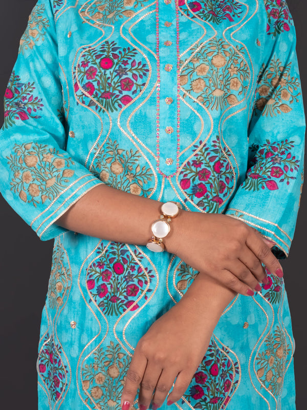 Skyblue Gotta Work Cotton Kurta With Pants