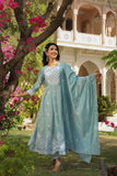 Ivory Blue Chanderi Silk Embroidered Kurta Sets